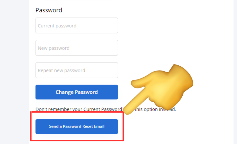 Account Settings tab - Password reset email