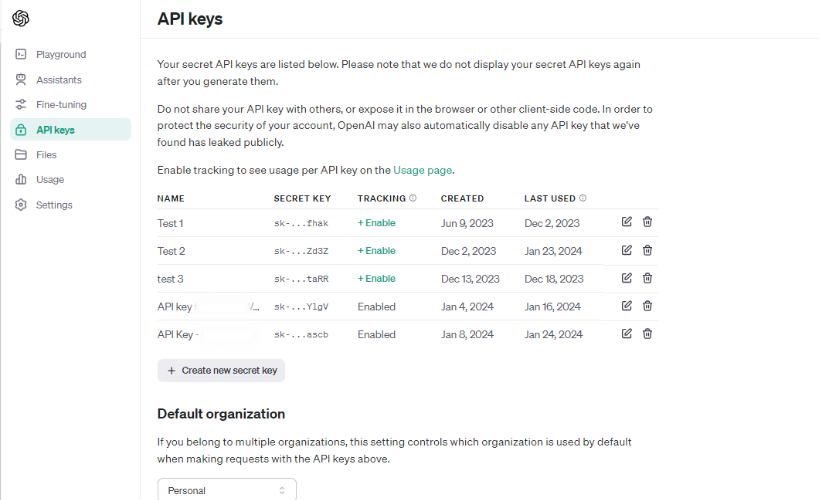 OpenAI Playground API Keys Screenshot 2