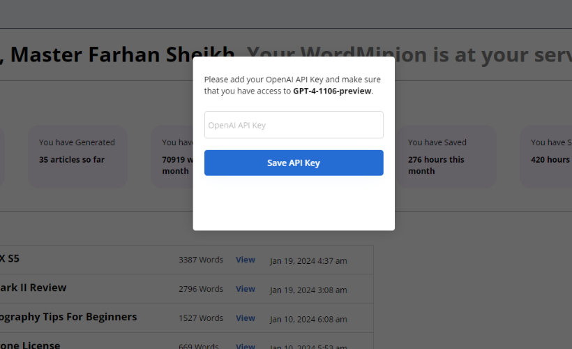Wordminion dashboard asking OpenAI api key